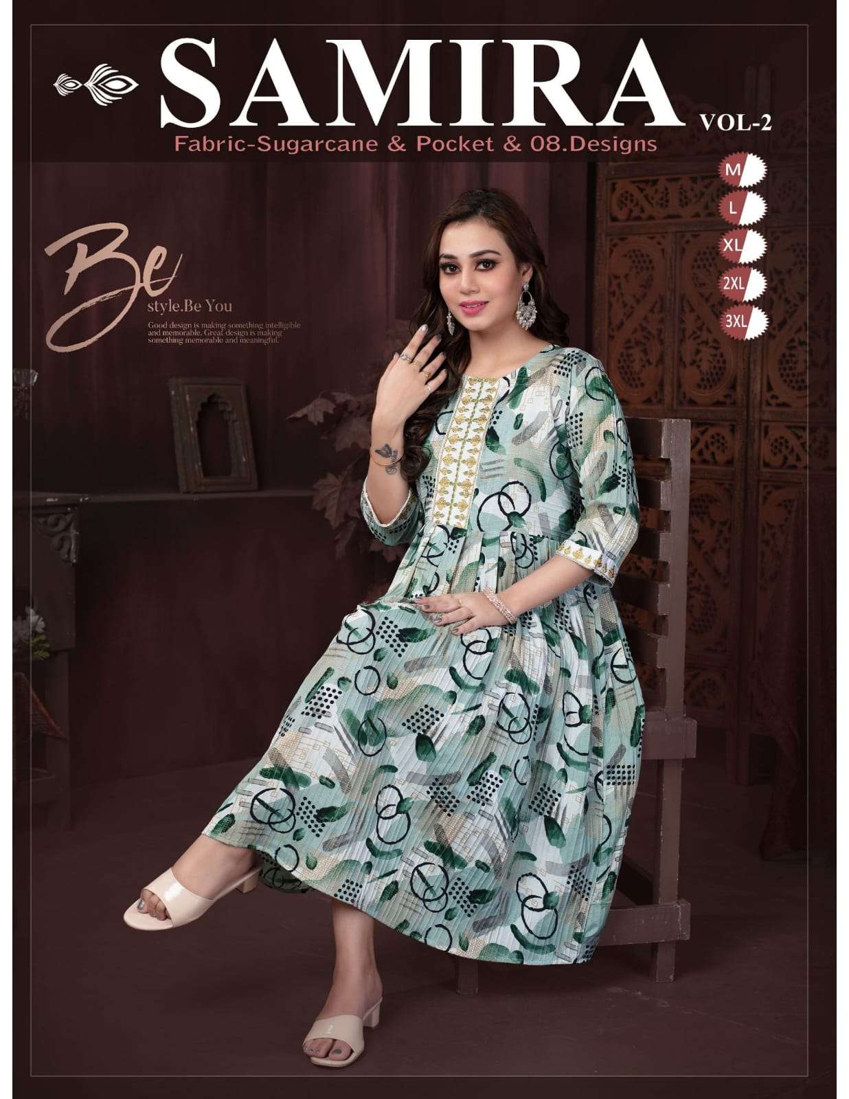 SAMIRA VOL-02 BY ASLIWHOLESALE DESIGNER FACNY SUGARCANE PRINT KURTIS